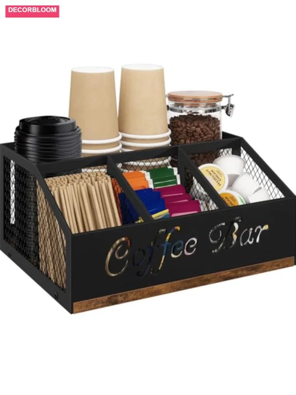 Coffee Station Organizer Countertop Wood & Metal Mesh Storage